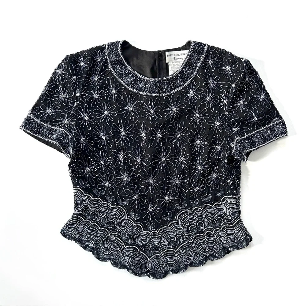 Papéll Boutique Black Silk Daisy Floral Intricate Beaded Short Sleeve Party Top - Picture 6 of 6